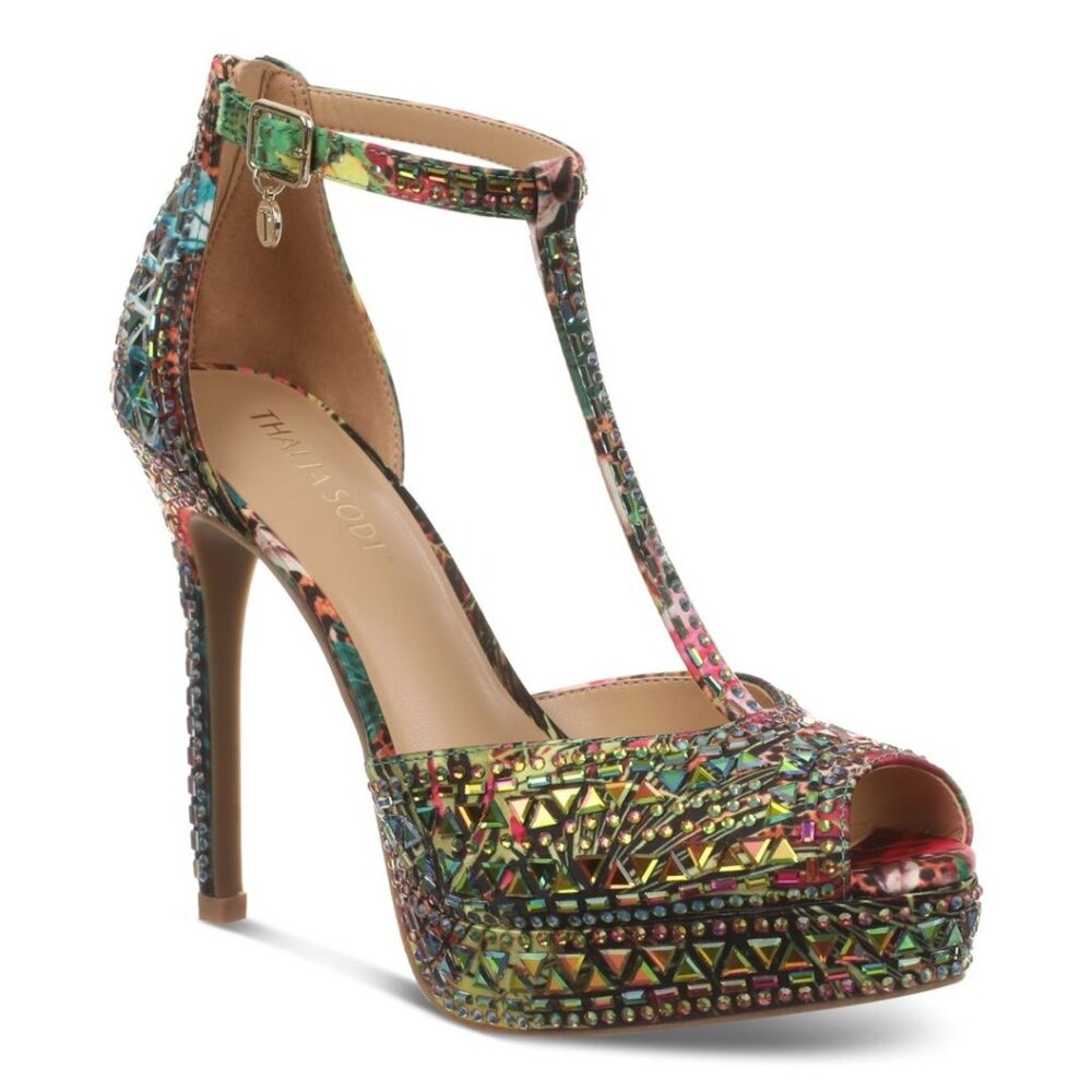 99$ Thalia Sodi Chacey Embellished T-Strap PlatformPumps Size 7.5w Leopard Green